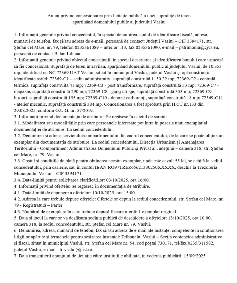 Anunț privind concesionarea prin licitație publică a unei suprafețe de teren  aparținând domeniului public al județului Vaslui