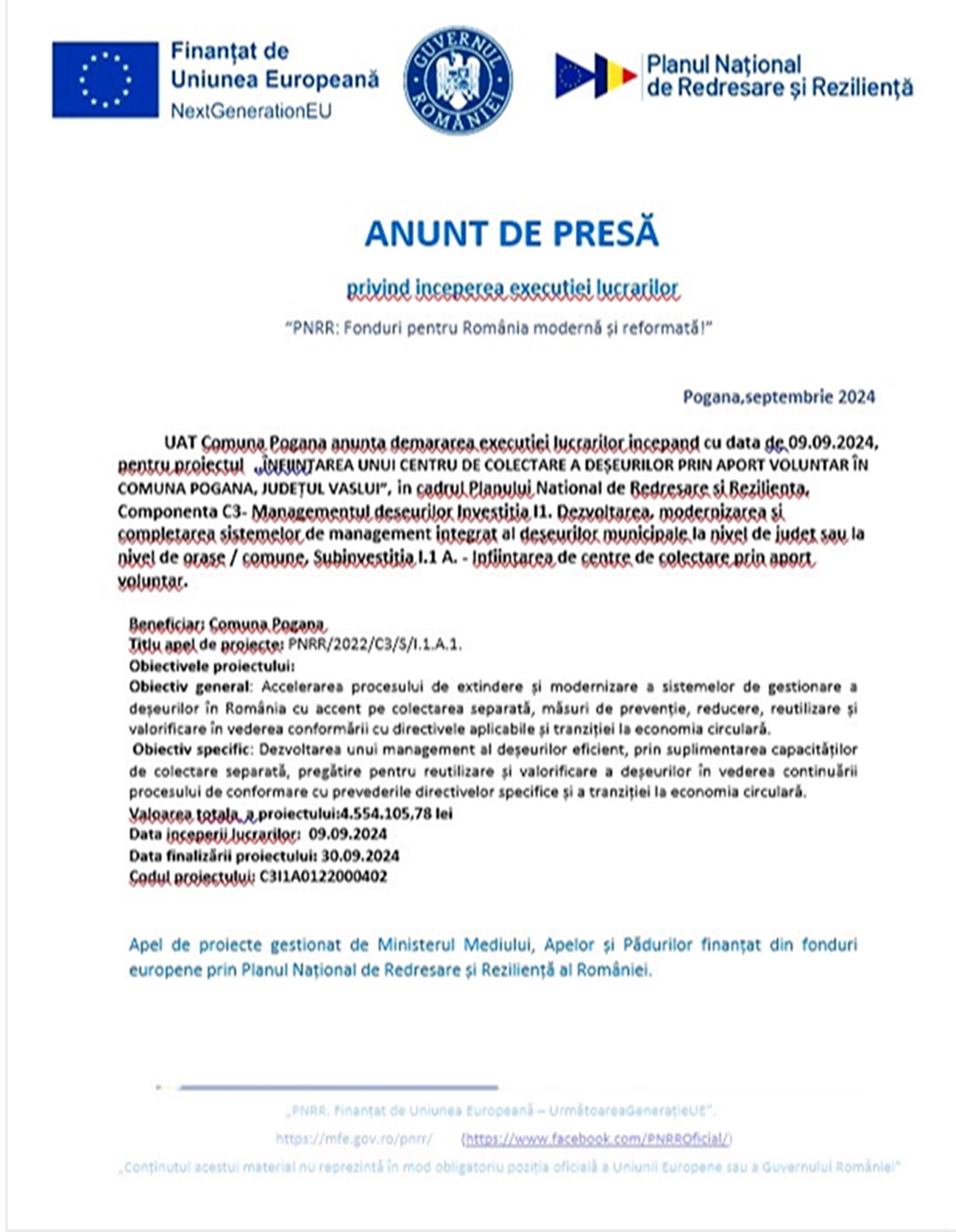 comunicat centru colectare comuna pogana 11