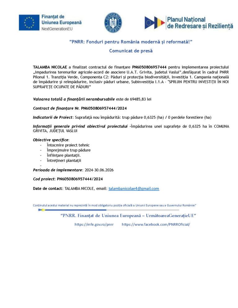 Anunț de presă „Impădurirea terenurilor agricole-acord de asociere U.A.T. Grivita, judetul Vaslui”