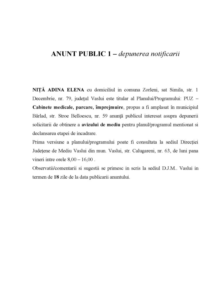 ANUNT PUBLIC 1 – depunerea notificarii