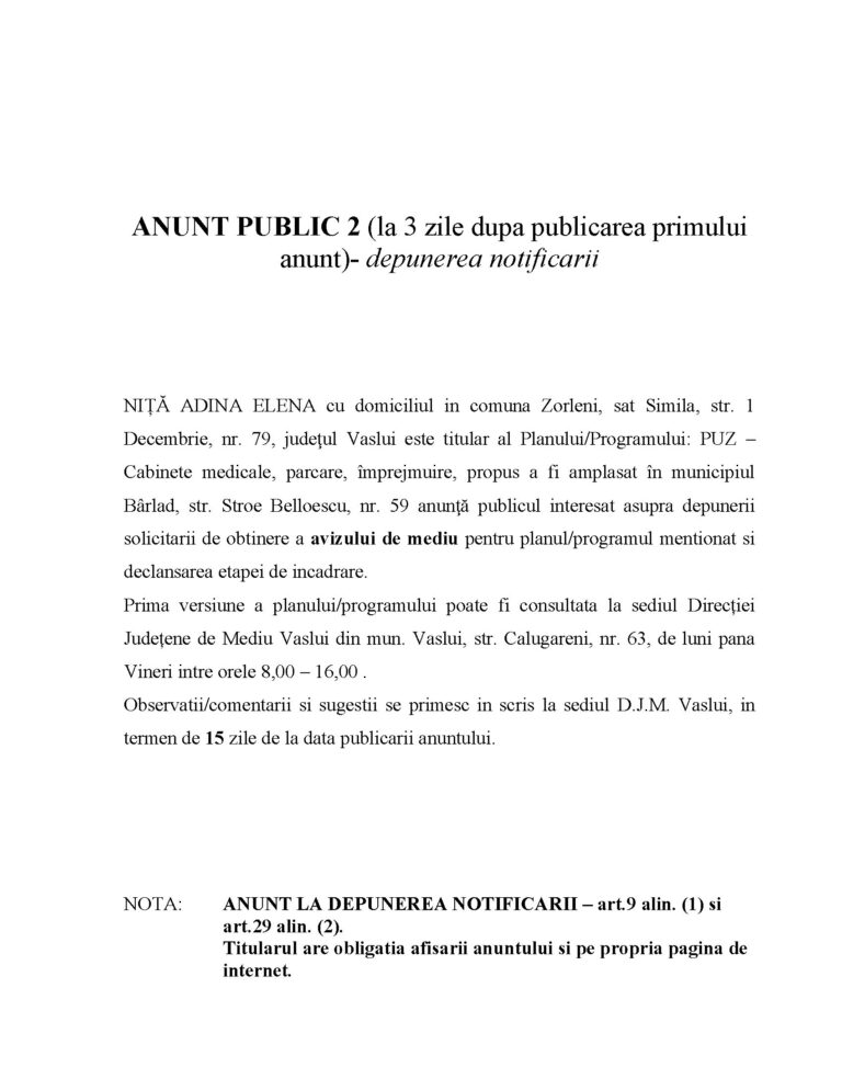 ANUNT PUBLIC 2 (la 3 zile dupa publicarea primului anunt)- depunerea notificarii