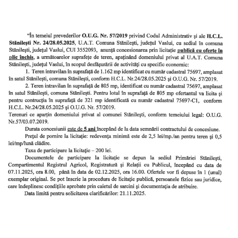 ANUNȚ LICITAȚIE – PRIMĂRIA COMUNEI STĂNILEȘTI