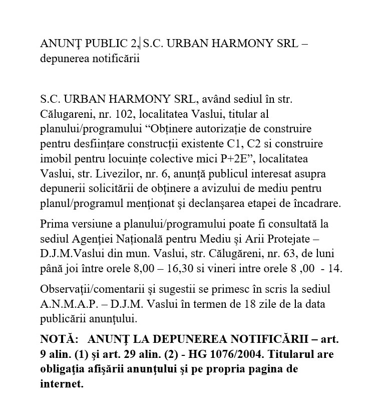 ANUNT PUBLIC 2 URBAN HARMONY