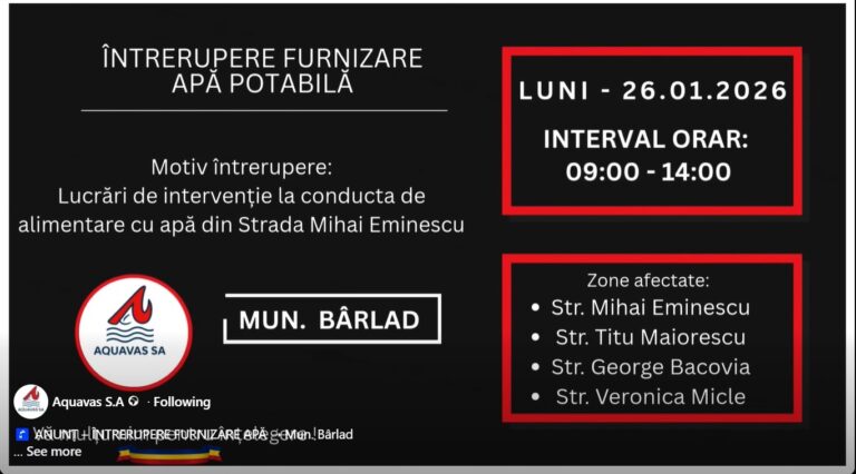 Luni, se întrerupe furnizarea apei potabile pe mai multe străzi din Bârlad