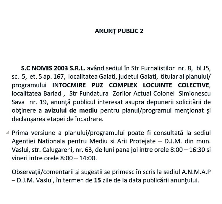 Anunț Public 2 – SC NOMIS 2003 SRL