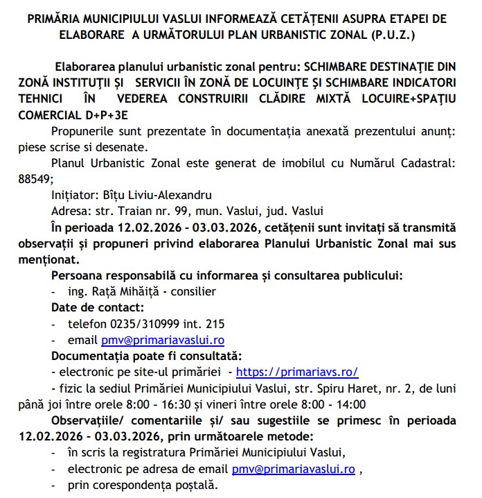 ANUNȚ PUZ Locuințe Vaslui, Inițiator: Bîțu Liviu-Alexandru