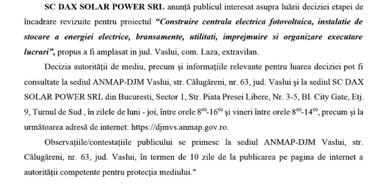 ANUNȚ DE MEDIU – DAX SOLAR POWER SRL
