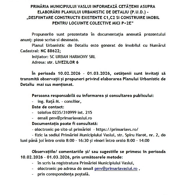 ANUNȚ DE MEDIU – Plan Urbanistic de Detaliu „DESFIINȚARE CONSTRUCȚII EXISTENTE C1, C2 ȘI CONSTRUIRE IMOBIL PENTRU LOCUINȚE COLECTIVE MICI P+2E”