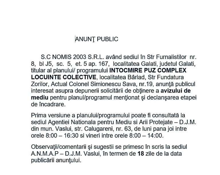 Anunț de mediu – SC NOMIS 2003 SRL