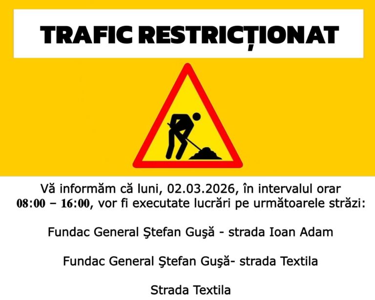 Se lucrează pe strada Ioan Adam, la Vaslui. Trafic restricționat în zonă, luni