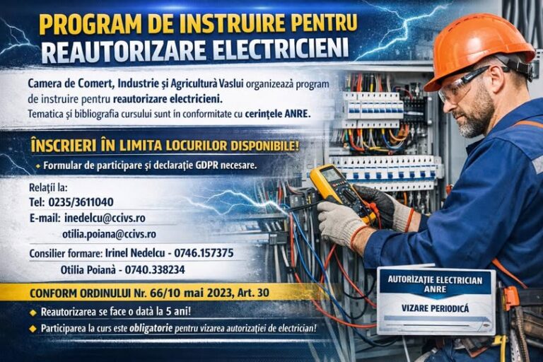 CCIA Vaslui organizează programe de instruire pentru reautorizare electricieni. Cum vă puteți înscrie