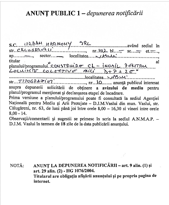 ANUNȚ PUBLIC 1 – SC Urban Harmony SRL ”Construire Imobil Strada Tipografiei, Nr. 10”