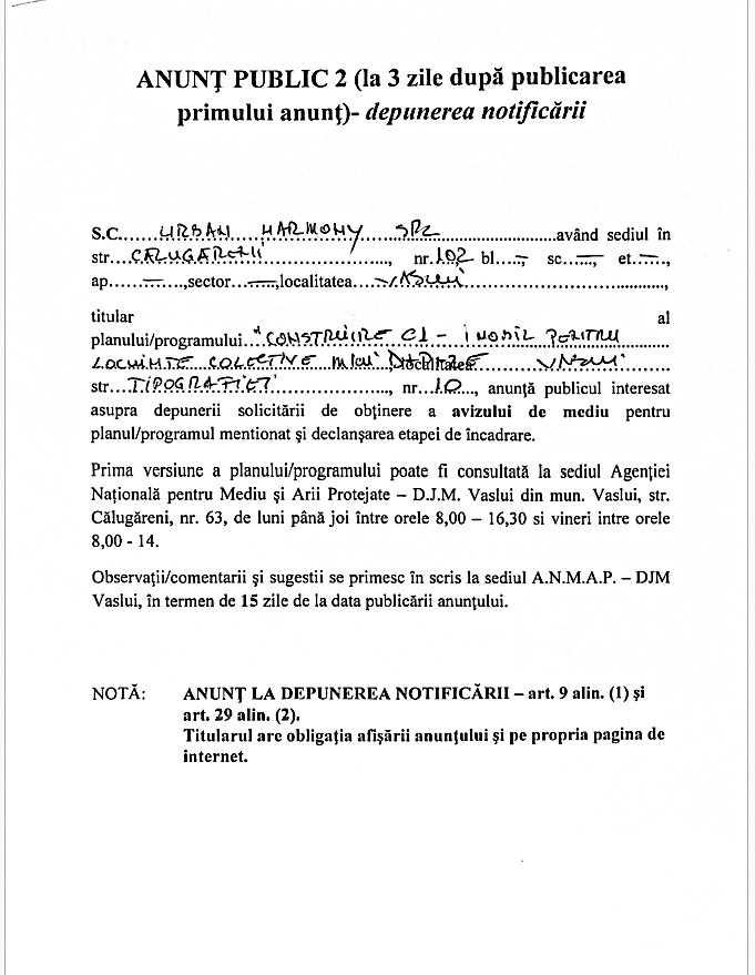 ANUNȚ PUBLIC 2 – SC Urban Harmony SRL ”Construire Imobil Strada Tipografiei, Nr. 10”