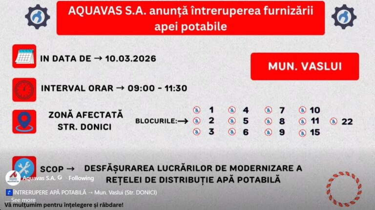Marți, se oprește apa în Vaslui, zona Donici. Vezi blocurile afectate