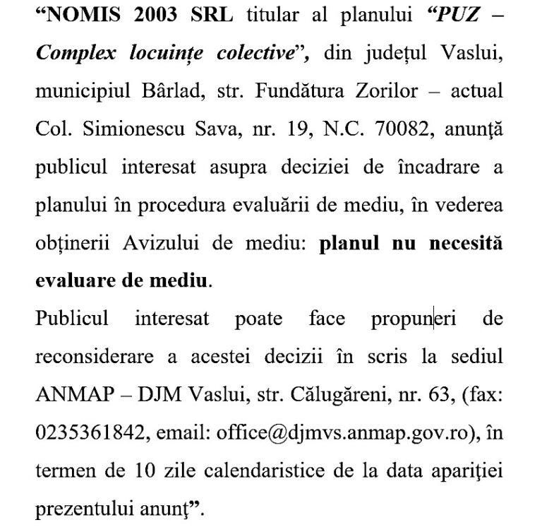 Anunț decizie NOMIS 2003 SRL – Complex locuințe colective municipiul Bârlad
