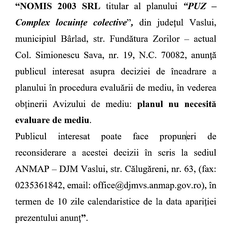 Anunț decizie NOMIS 2003 SRL - Complex locuințe colective municipiul Bârlad 3 nomis 26 martie 2026