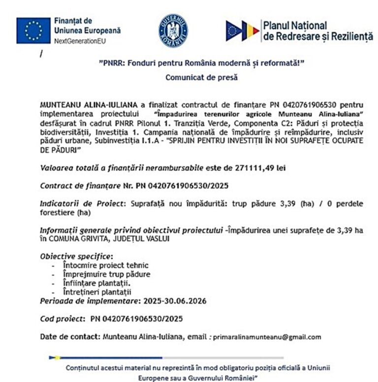 Comunicat de presă – Finalizare proiect “Ȋmpadurirea terenurilor agricole Munteanu Alina-Iuliana”