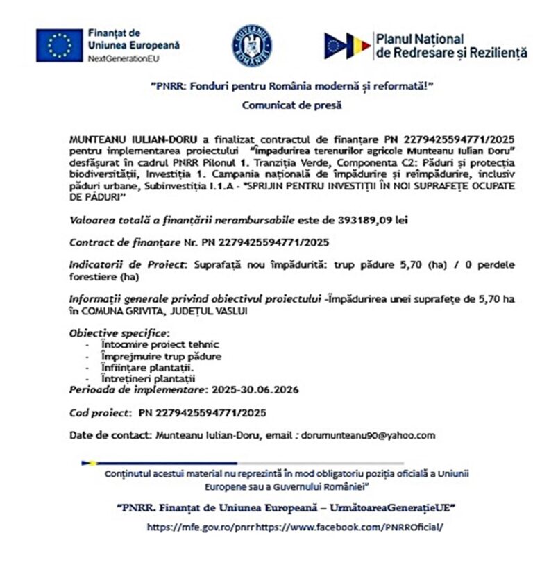 Comunicat de presă – Finalizare proiect “Ȋmpădurirea terenurilor agricole Munteanu Iulian Doru”