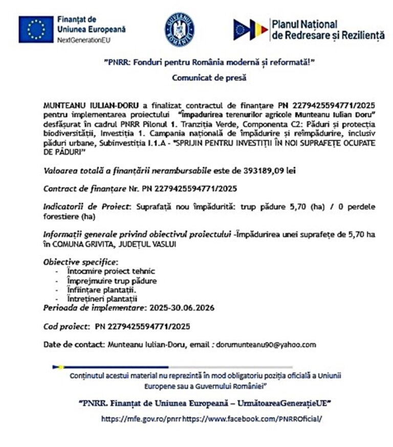Comunicat de presă – Finalizare proiect “Ȋmpădurirea terenurilor agricole Munteanu Marcel-Cicerone”