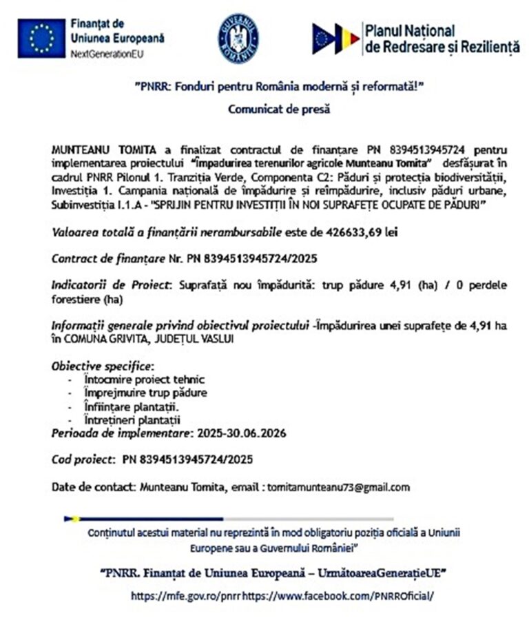 Comunjcat de presă – Finalizare proiect “Ȋmpădurirea terenurilor agricole Munteanu Tomita”