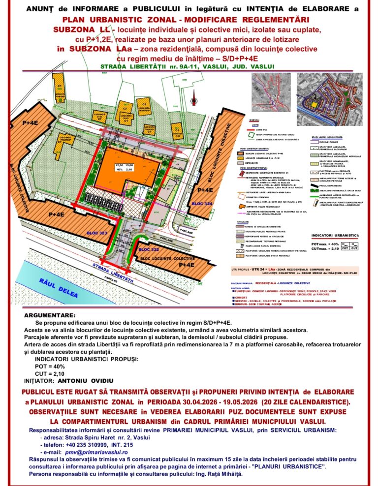 Anunț de informare a publicului – PUZ construire locuințe individuale, Str. Libertății, Mun. Vaslui