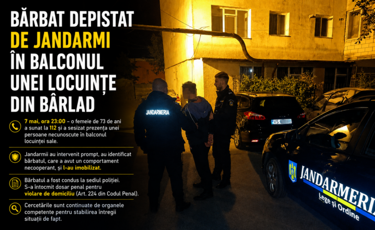 Bărbat găsit de jandarmi în balconul unei femei de 73 de ani, la Bârlad