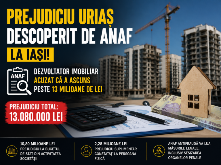 Prejudiciu uriaș descoperit de ANAF, la Iași! Dezvoltator imobiliar acuzat că a ascuns peste 13 milioane de lei