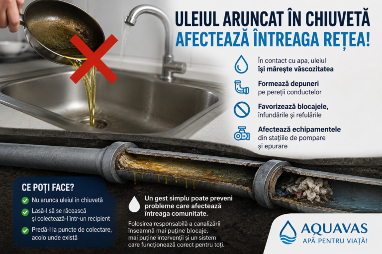 Aquavas avertizează: uleiul aruncat în chiuvetă poate bloca rețeaua de canalizare