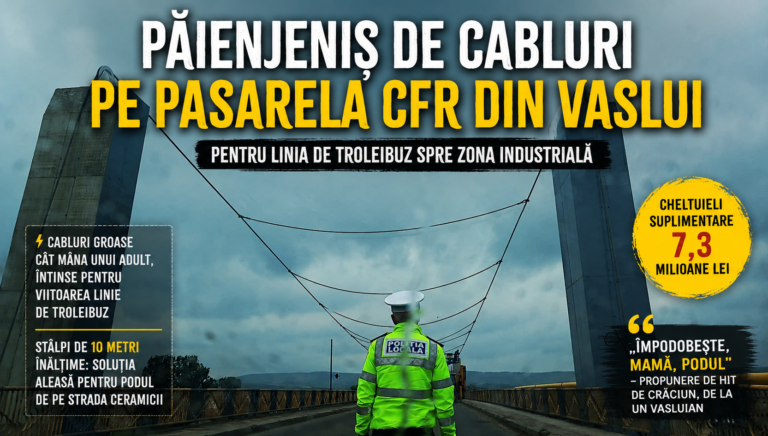 „Împodobește, mamă, podul!” Vasluienii, uimiți de „păienjenișul” de cabluri montat pe pasarela CFR