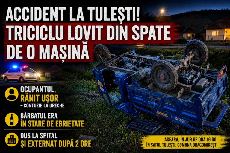 Accident la Tulești: un triciclu a fost spulberat de o mașină. Ocupantul era băut