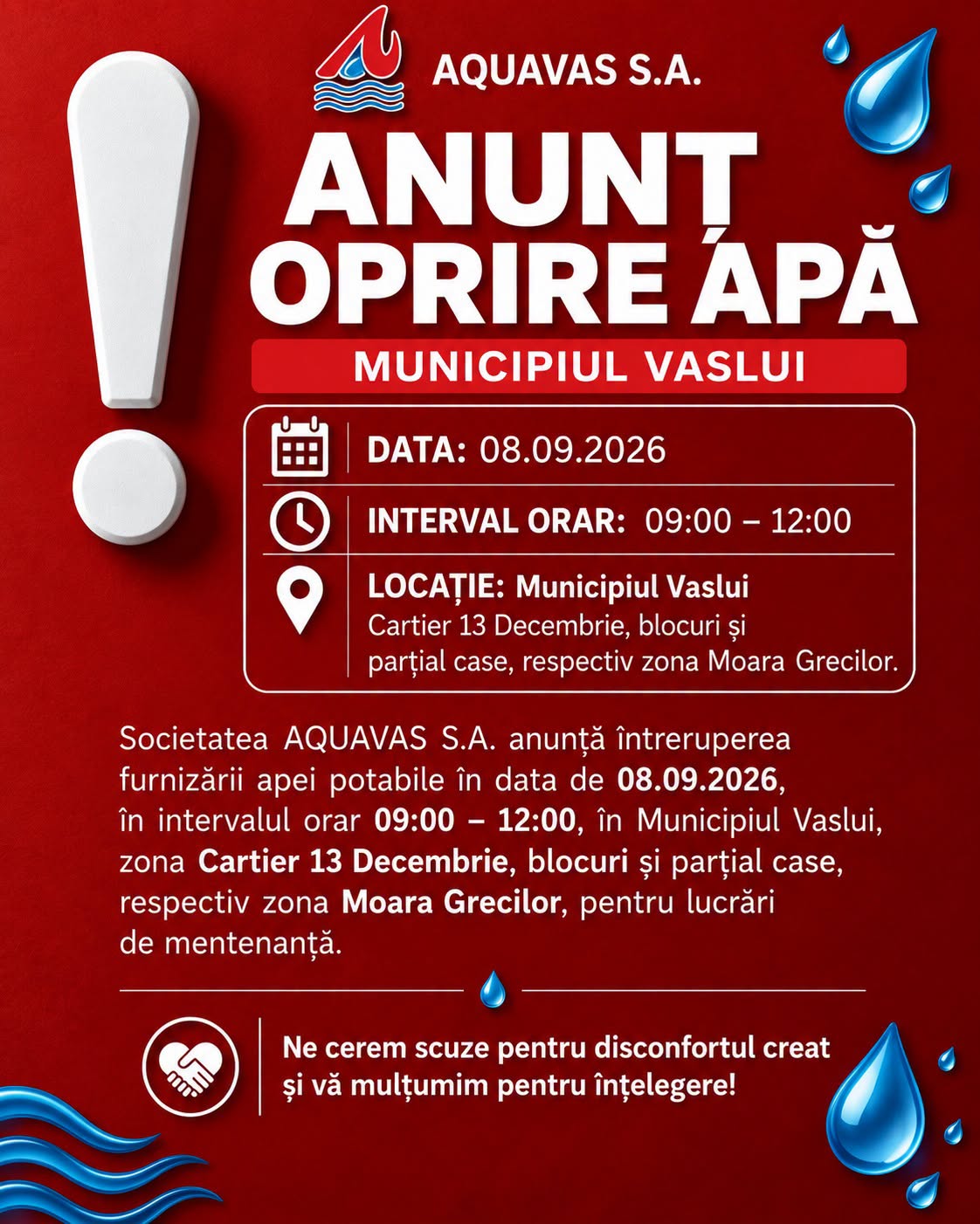 Apa va fi oprită, astăzi, în două zone importante din municipiul Vaslui. Anunțul Aquavas 1 799844180 2038520300127352 5845487310540048275 n