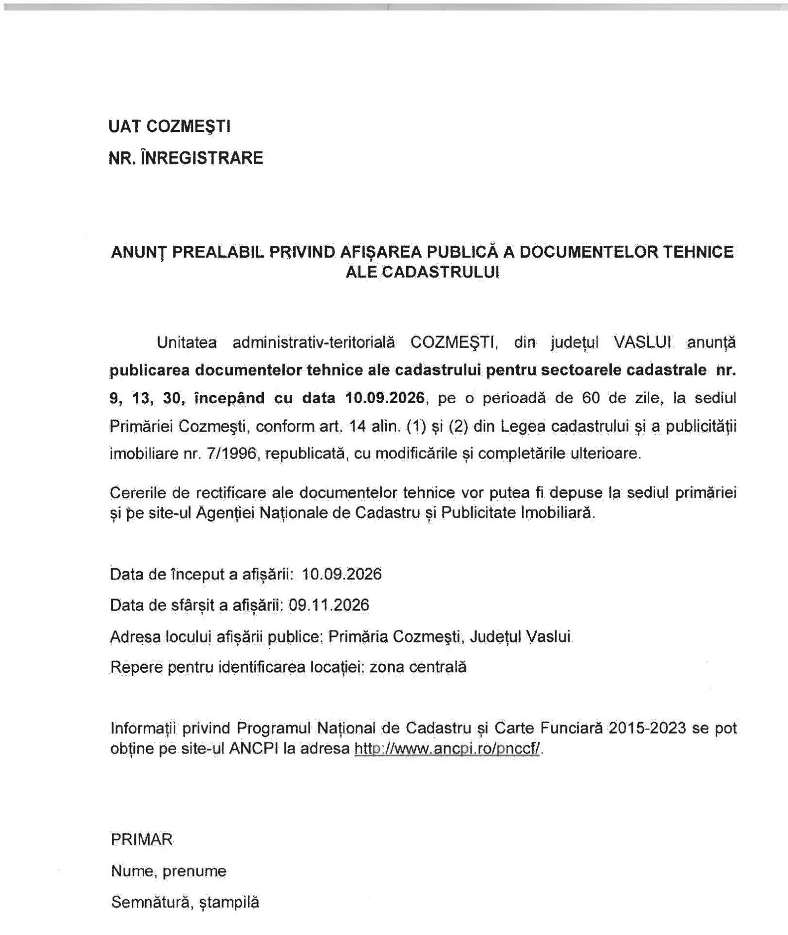 anunt cadastru cozmesti 1